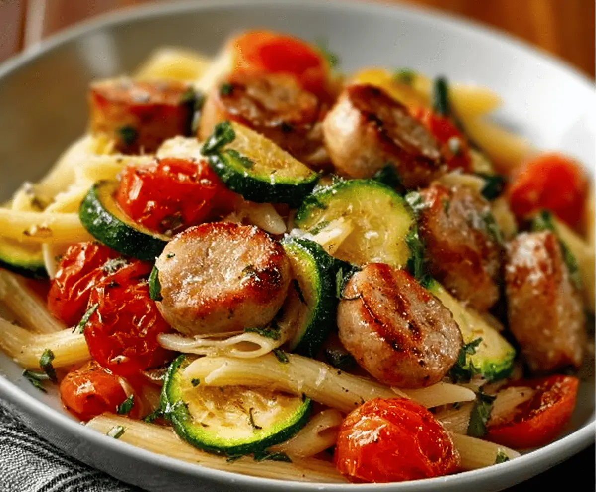 Easy Chicken Sausages with Zucchini, Tomatoes & Pasta Recipe