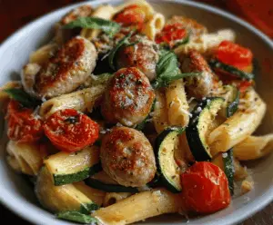 Delicious chicken sausages with zucchini, cherry tomatoes, and pasta on a plate, garnished with herbs for a flavorful healthy meal