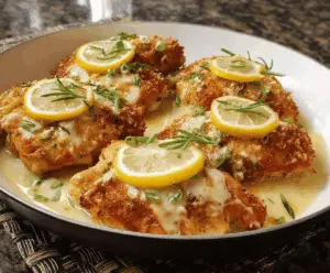 Delicious Lemon Chicken Romano served on a plate with fresh lemon wedges and herbs, perfect for family dinner, featuring crispy breaded chicken topped with lemon slices and Romano cheese