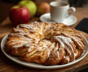 Delicious Cozy Apple Kringle topped with creamy vanilla glaze on a rustic serving plate, perfect for fall desserts