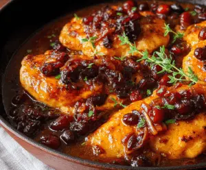 Juicy cranberry orange chicken garnished with fresh herbs on a white plate, perfect for a festive holiday meal.