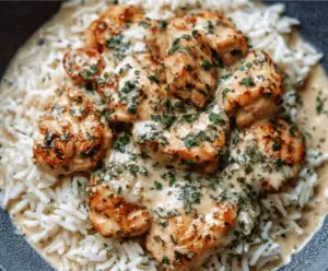 Creamy herb chicken served over fluffy basmati rice in a one-pan meal, garnished with fresh herbs for a comforting, flavorful dinner.