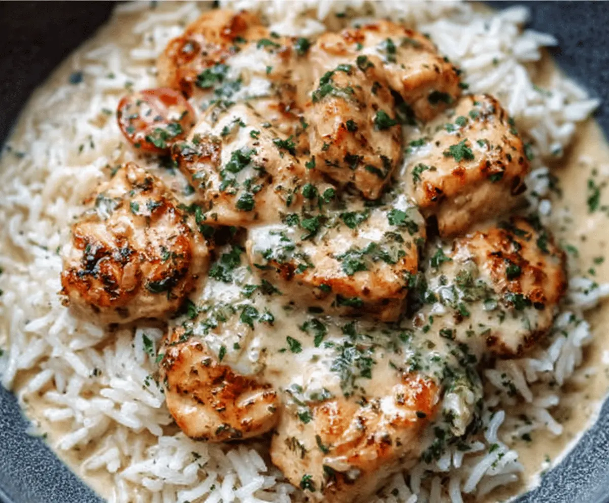 Creamy herb chicken served over fluffy basmati rice in a one-pan meal, garnished with fresh herbs for a comforting, flavorful dinner.