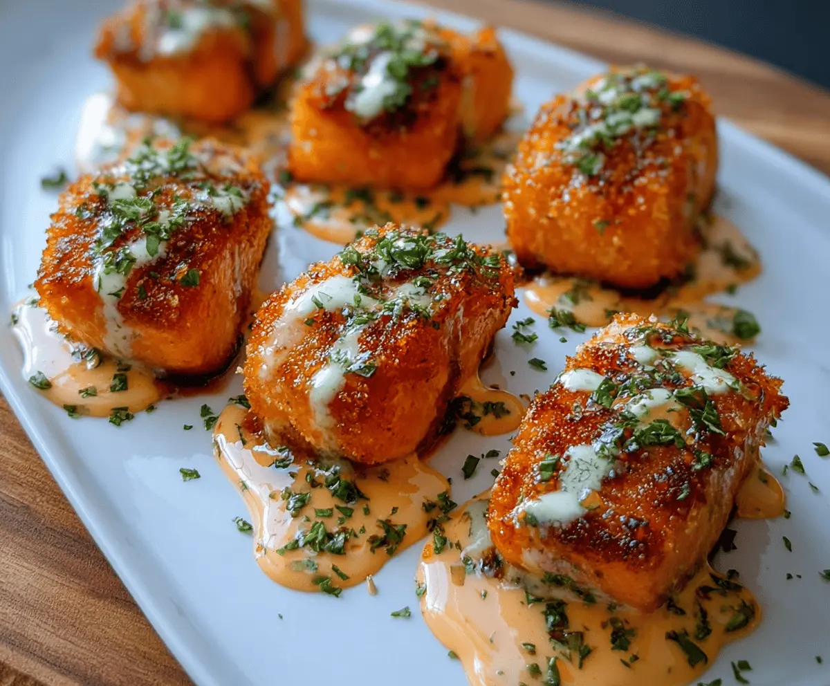 Crispy Bang Bang Salmon Bites served with dipping sauce on a white plate, garnished with green herbs, ready to enjoy
