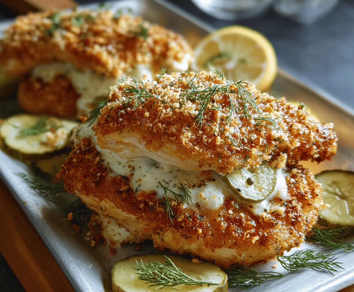 Juicy Parmesan chicken topped with tangy dill pickle slices, garnished with fresh herbs on a rustic plate