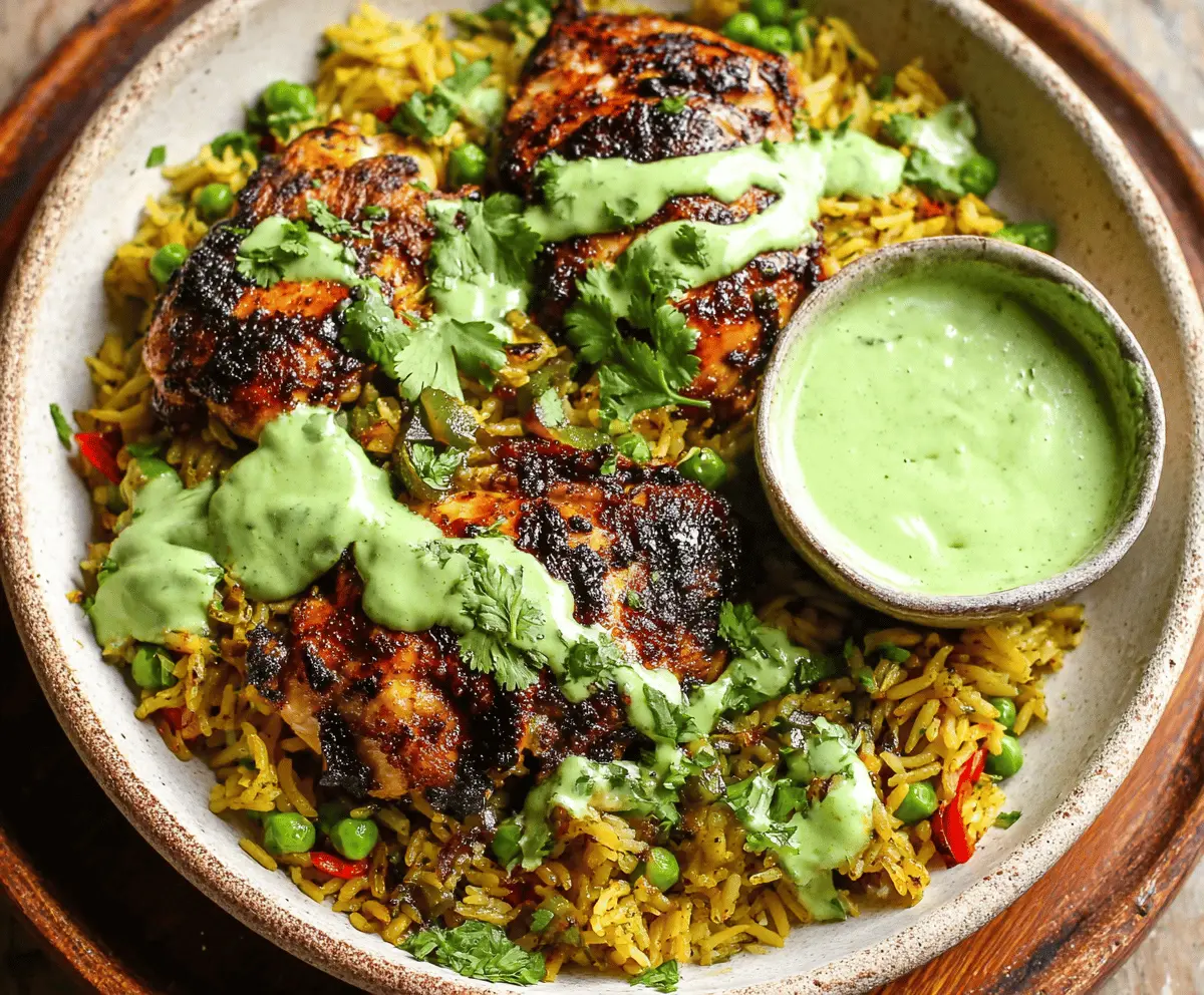 Delicious easy Peruvian chicken and rice served with vibrant green sauce, perfect for a flavorful meal.