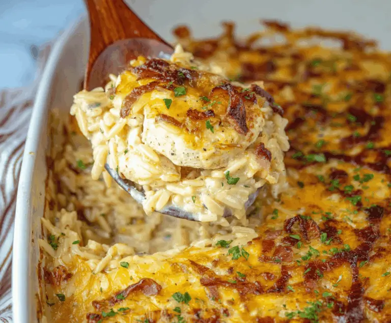 French Onion Chicken Orzo Casserole
