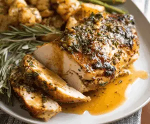 Juicy garlic herb slow cooker turkey breast garnished with fresh herbs on a white plate