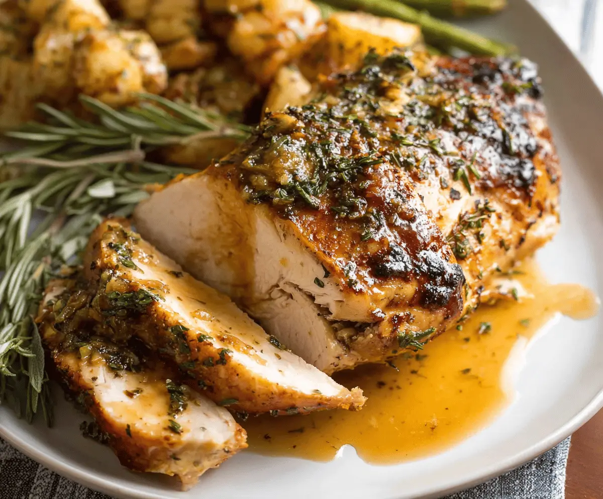 Juicy garlic herb slow cooker turkey breast garnished with fresh herbs on a white plate
