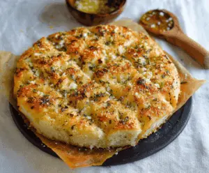 Garlic Parmesan focaccia bread topped with fresh herbs and golden crispy crust, showcasing a savory Italian appetizer.