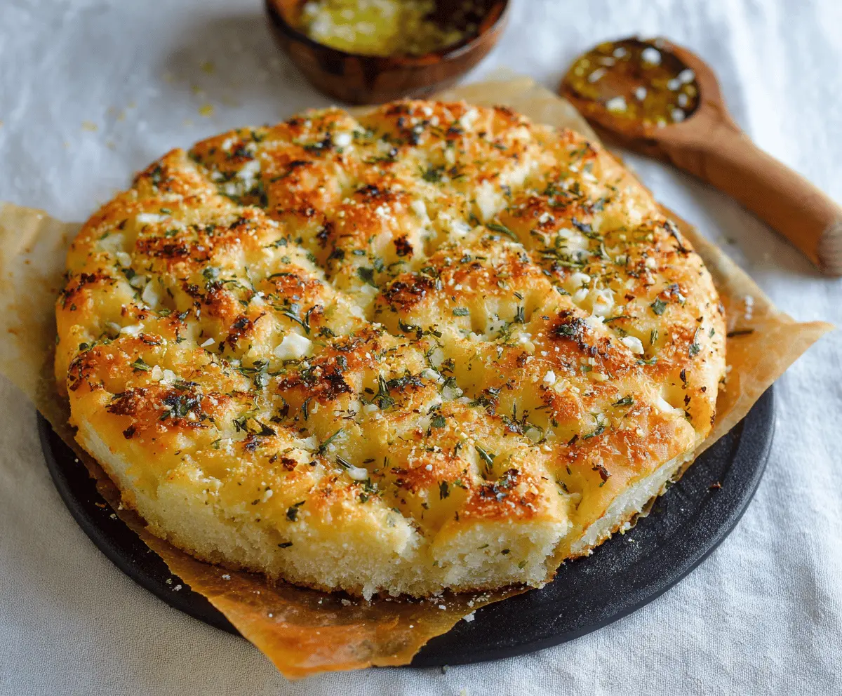 Garlic Parmesan focaccia bread topped with fresh herbs and golden crispy crust, showcasing a savory Italian appetizer.