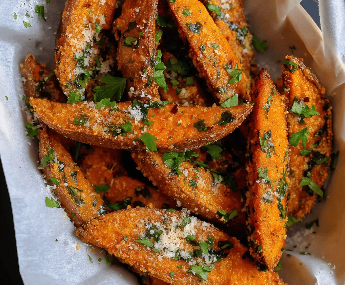 Delicious garlic Parmesan roasted sweet potato wedges served on a plate, seasoned with herbs and spices, perfect for a healthy snack or side dish.