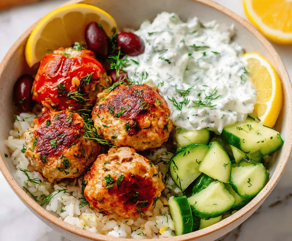 Greek turkey meatballs served with creamy Tzatziki sauce on a plate, garnished with fresh herbs and lemon slices for a flavorful Mediterranean appetizer or main course.