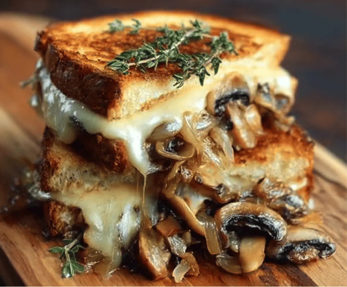 Delicious grilled cheese sandwich with melted Gouda cheese, roasted mushrooms, and caramelized onions on toasted bread