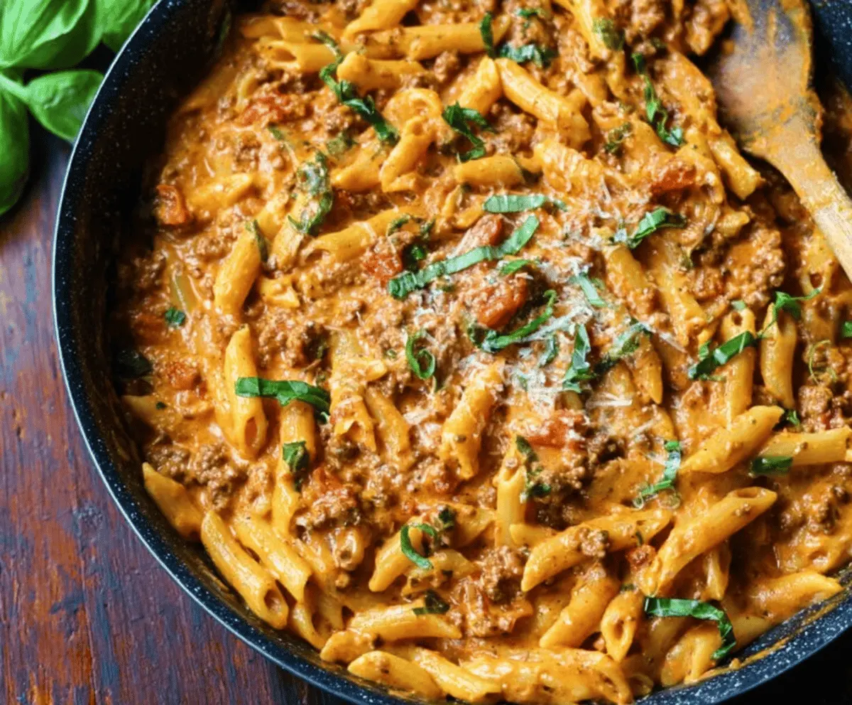 Creamy high-protein beef pasta dish, perfect for quick weeknight dinners featuring tender beef and pasta in a rich sauce