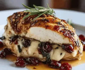 Juicy chicken breast stuffed with cranberry and melted Brie cheese, garnished with fresh herbs, served on a plate for an impressive Cranberry Brie Stuffed Chicken recipe.