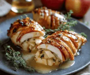 Juicy chicken breast stuffed with melted Brie cheese and sliced apples, topped with a sweet maple glaze, served on a white plate.