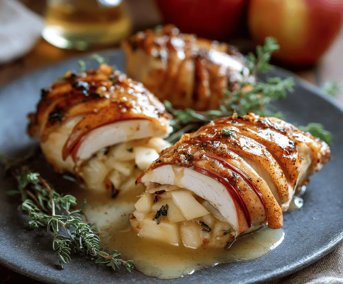 Juicy chicken breast stuffed with melted Brie cheese and sliced apples, topped with a sweet maple glaze, served on a white plate.