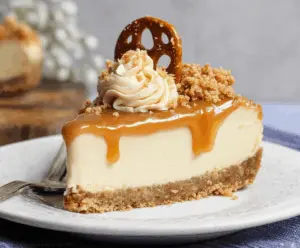 Creamy no-bake salted caramel cheesecake topped with caramel drizzle and sea salt on a decorative plate.