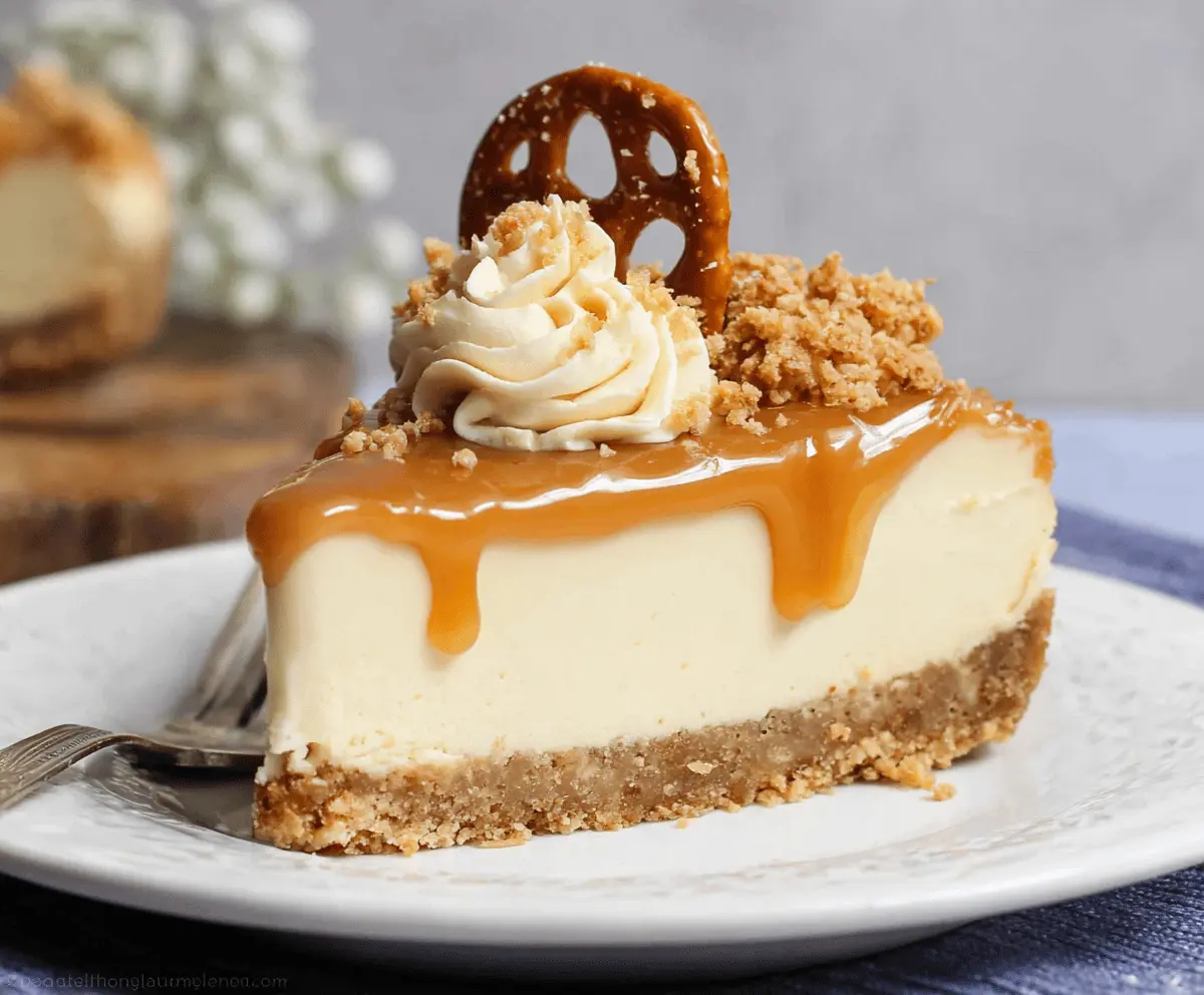 Creamy no-bake salted caramel cheesecake topped with caramel drizzle and sea salt on a decorative plate.