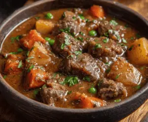 Hearty old fashioned beef stew with tender beef chunks, vegetables, and savory broth served in a rustic bowl.