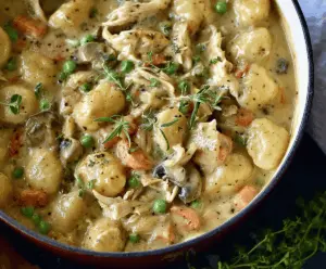Creamy one-pot gnocchi chicken pot pie served in a bowl with golden crust topping and fresh herbs, perfect for comforting and easy dinner.