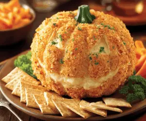Delicious pumpkin-shaped cheese ball garnished with herbs, perfect for fall appetizers and holiday parties