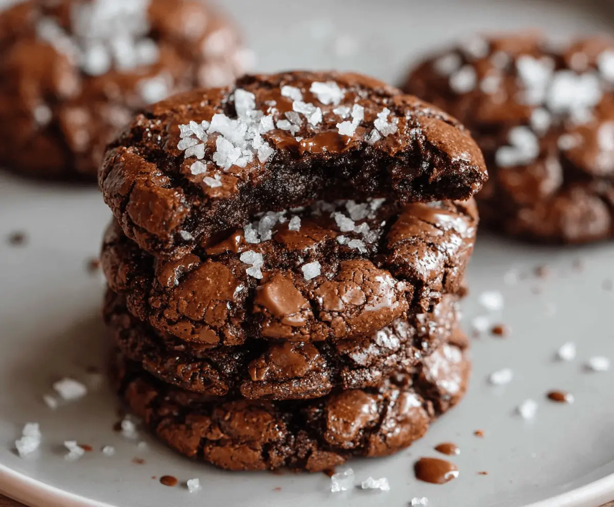 Delicious salted brown cookie cookies with a rich chocolate appearance and a sprinkle of sea salt on top, perfect for dessert lovers.
