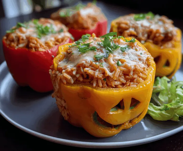 SHREDDED CHICKEN & RICE STUFFED PEPPERS (HALLOWEEN STYLE)