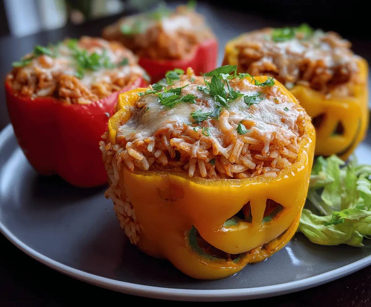 Colorful Halloween-style stuffed peppers filled with shredded chicken and rice, perfect for a festive and flavorful meal.