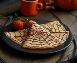 Delicious Spiderweb Crepes decorated with spooky spiderweb designs for Halloween, served on a white plate with a festive background.