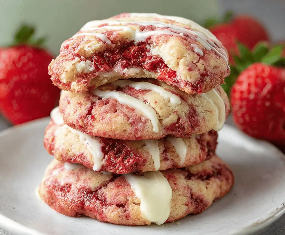 Delicious homemade strawberry cheesecake cookies with creamy cheesecake filling and fresh strawberry pieces on top, perfect for dessert lovers.