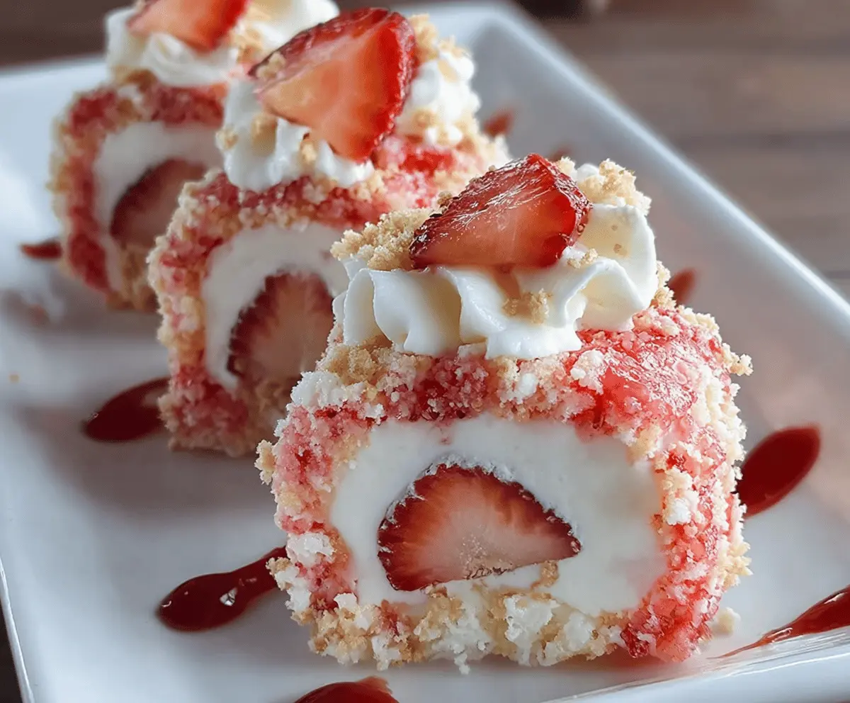 Delicious strawberry shortcake sushi rolls with fresh strawberries, whipped cream, and sponge cake slices, served on a white plate.