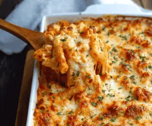Creamy cheesy baked ziti pasta dish with melted cheese and savory sauce, perfect for a hearty and delicious meal.