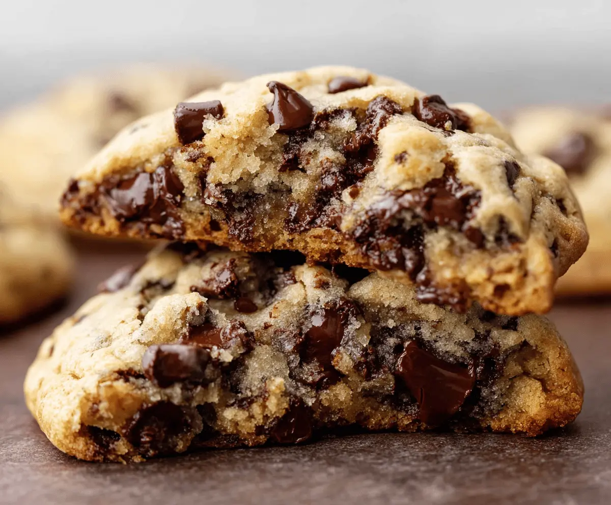 Ultra thick bakery-style chocolate chip cookies with crispy edges and gooey centers, featuring golden-brown exterior and melty chocolate chips