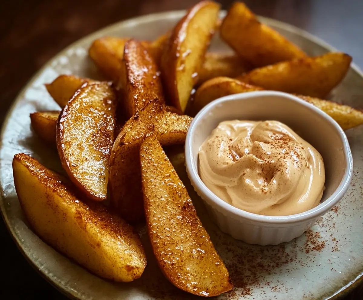 Delicious air fried apple wedges topped with caramel whipped cream and served with a dipping sauce.