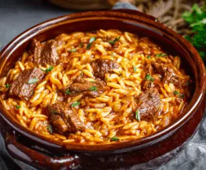 Delicious Beef Giouvetsi served in a traditional Greek dish with tender beef and orzo pasta.