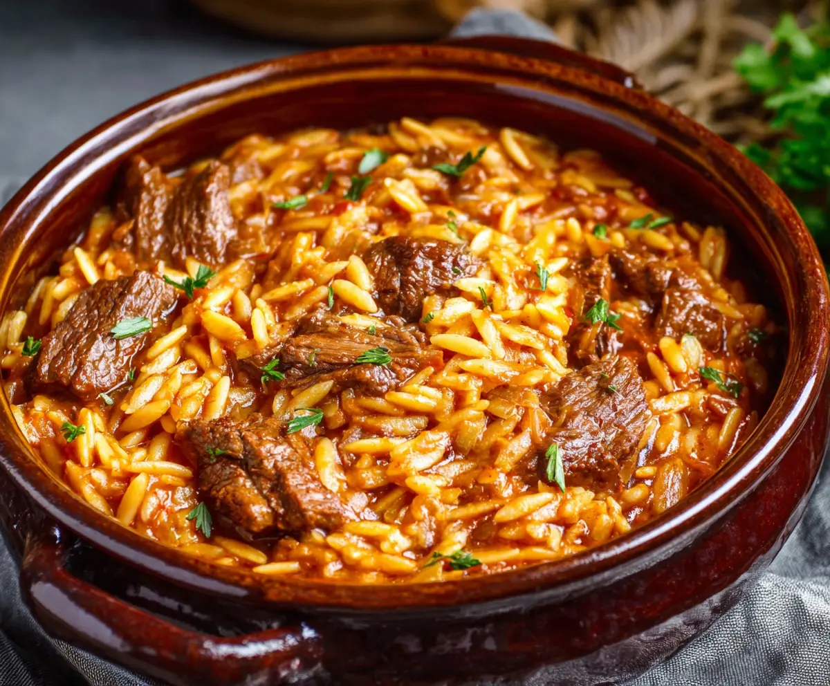 Delicious Beef Giouvetsi served in a traditional Greek dish with tender beef and orzo pasta.