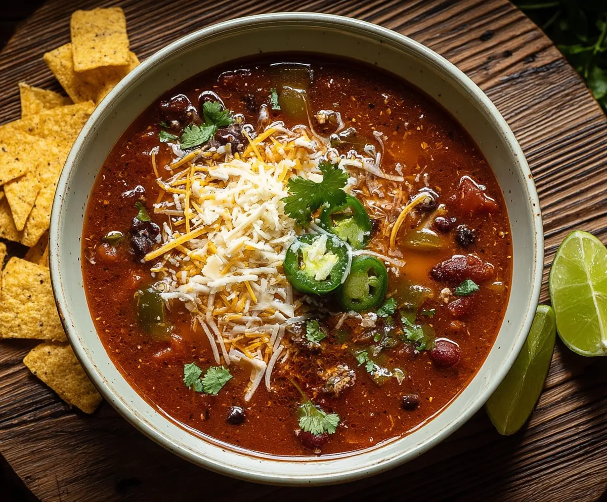 A bowl of bold and hearty taco soup topped with cheddar cheese, sour cream, and fresh cilantro.