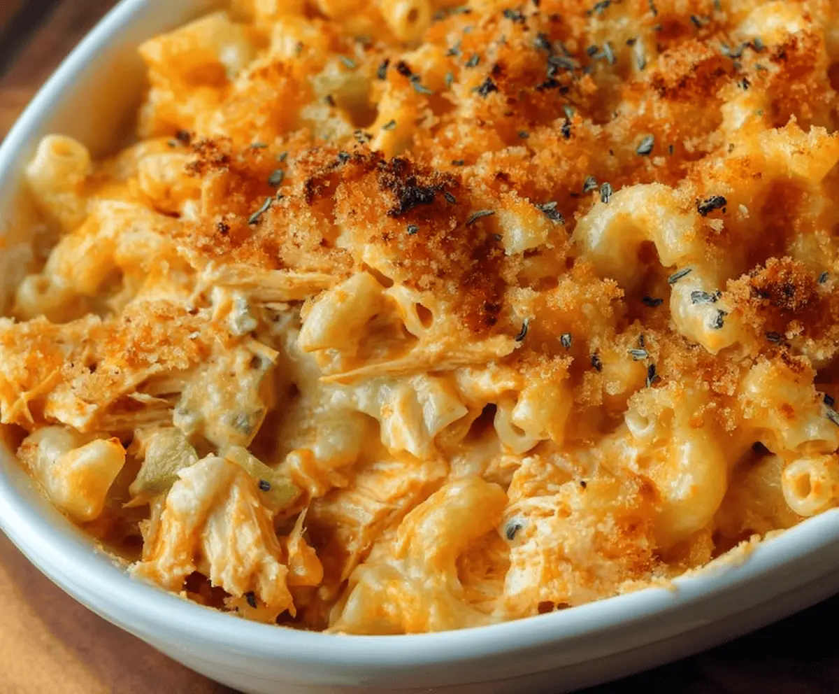 Creamy Buffalo Chicken Mac & Cheese with spicy sauce and melted cheese in a tempting pasta dish