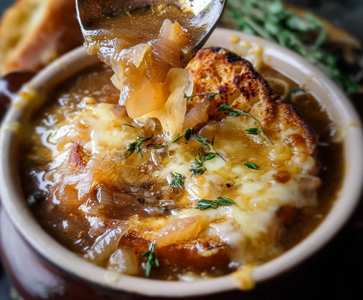 A bowl of delicious caramelized onion soup garnished with fresh herbs, served hot in a rustic ceramic bowl.