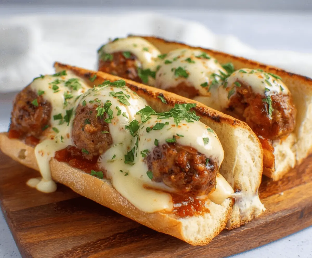 Delicious cheesy meatball sub sandwich with melted cheese and savory meatballs in a fresh bun