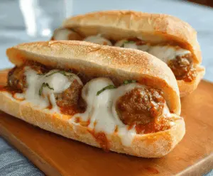 Delicious cheesy meatball subs with melted cheese and flavorful meatballs in a sandwich roll.