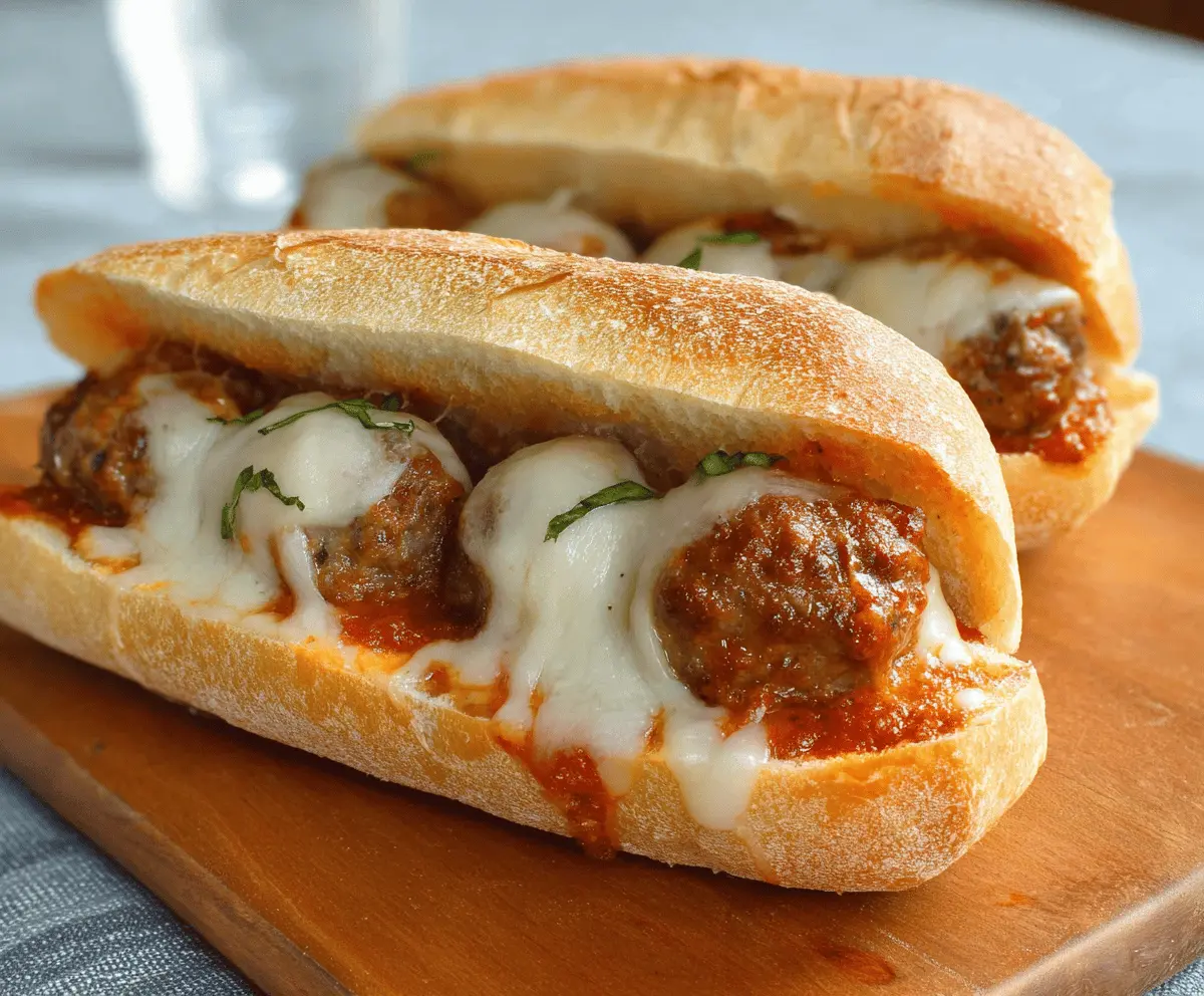 Delicious cheesy meatball subs with melted cheese and flavorful meatballs in a sandwich roll.