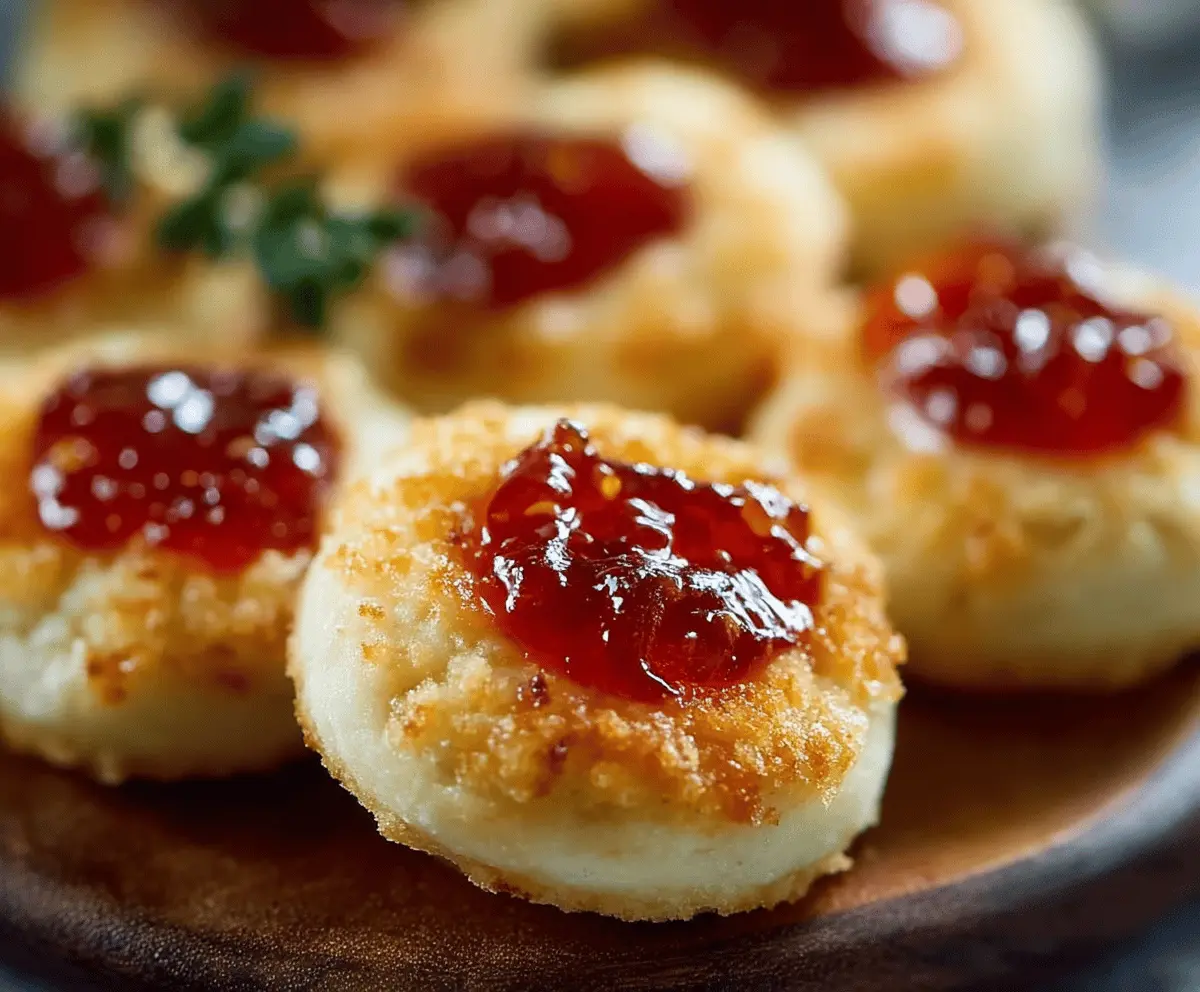 Delicious cheesy thumbprint appetizers topped with spicy hot pepper jelly on a serving platter.