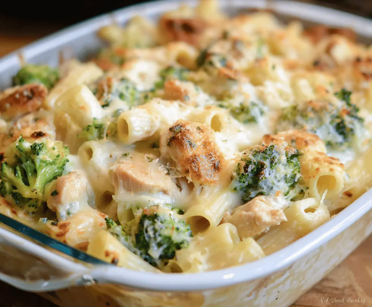Creamy Chicken and Broccoli Alfredo Bake in a casserole dish, garnished with herbs, perfect for family dinner.