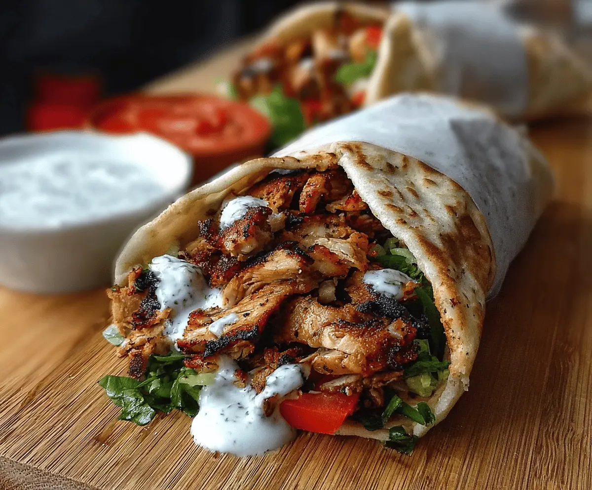 Perfectly cooked chicken shawarma served with creamy garlic sauce on a platter.