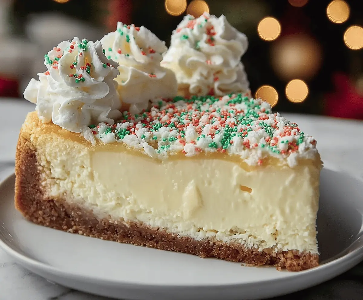 Delicious Christmas Sugar Cookie Cheesecake with festive holiday decorations