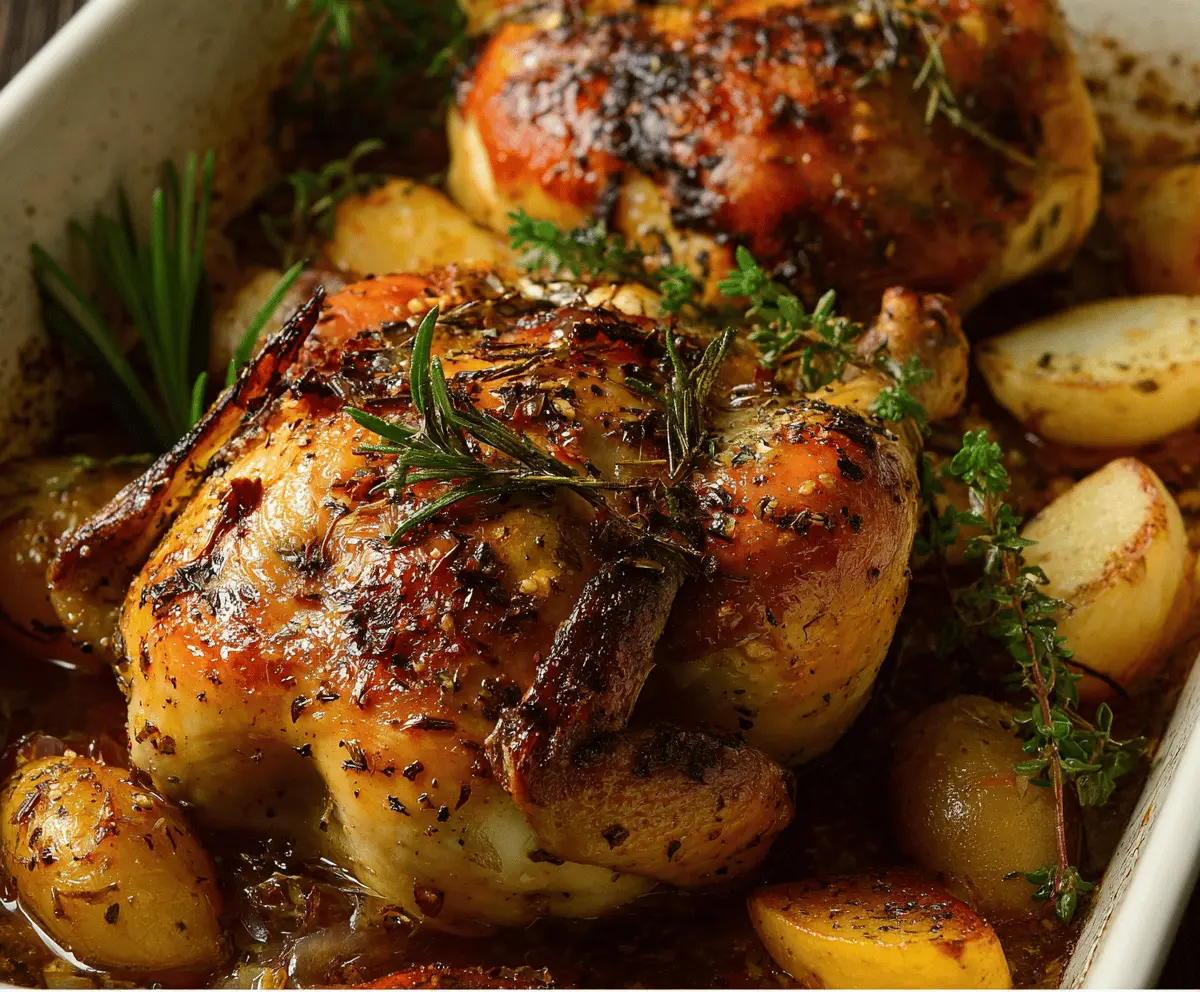 Delicious Cider Maple Oven Roasted Cornish Hen served with roasted vegetables on a rustic platter.