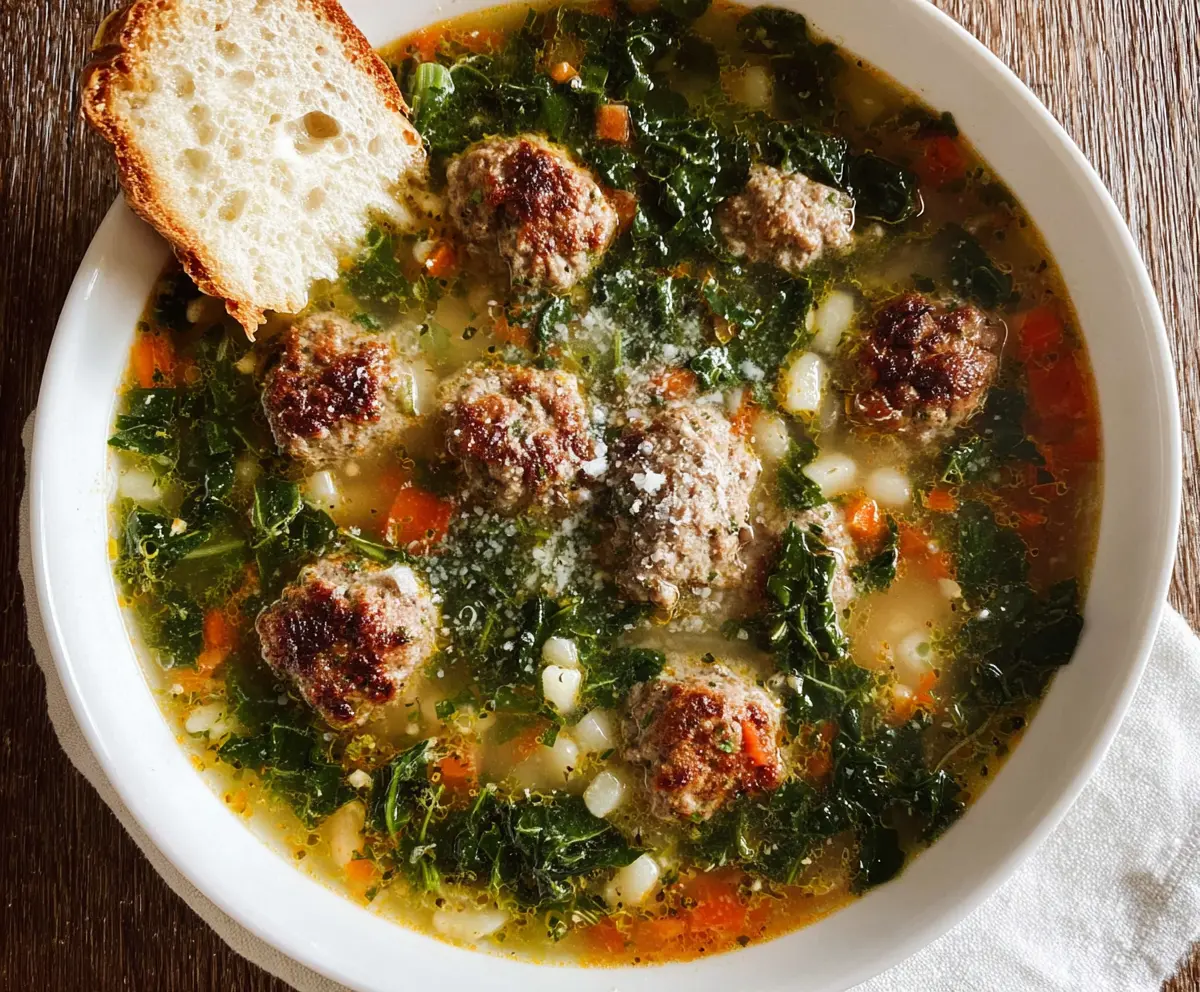 Bowl of Classic Italian Wedding Soup with meatballs, spinach, and pasta in a clear broth